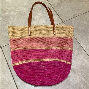 Mar Y Sol Woven Tote Bag Pink Cream Ombre Snap Closure Leather Dual Strap Handle